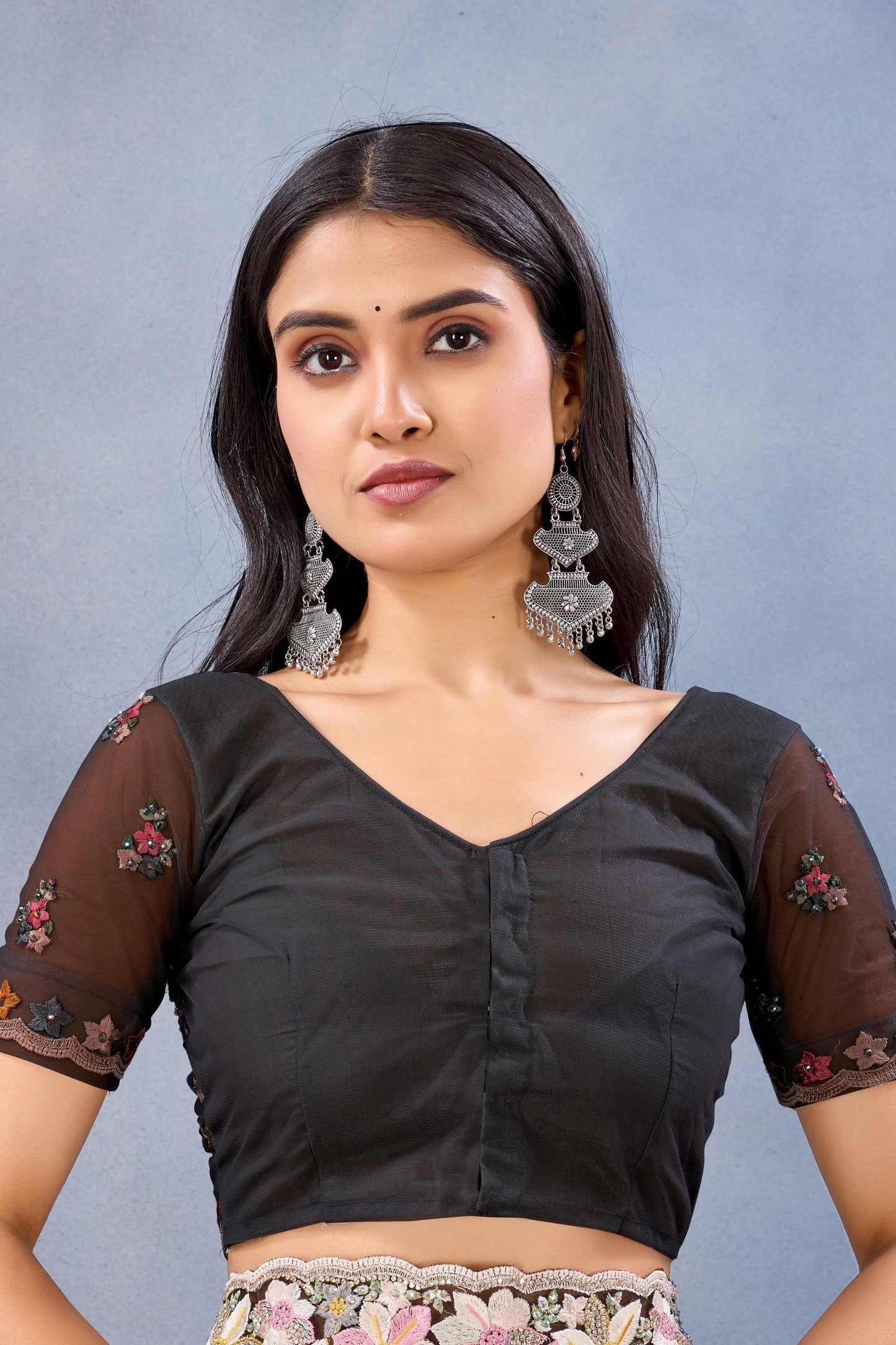 Black Floral Embroidered Net Saree with Designer Border