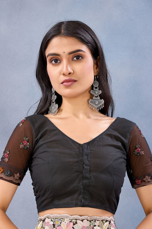 Black Floral Embroidered Net Saree with Designer Border
