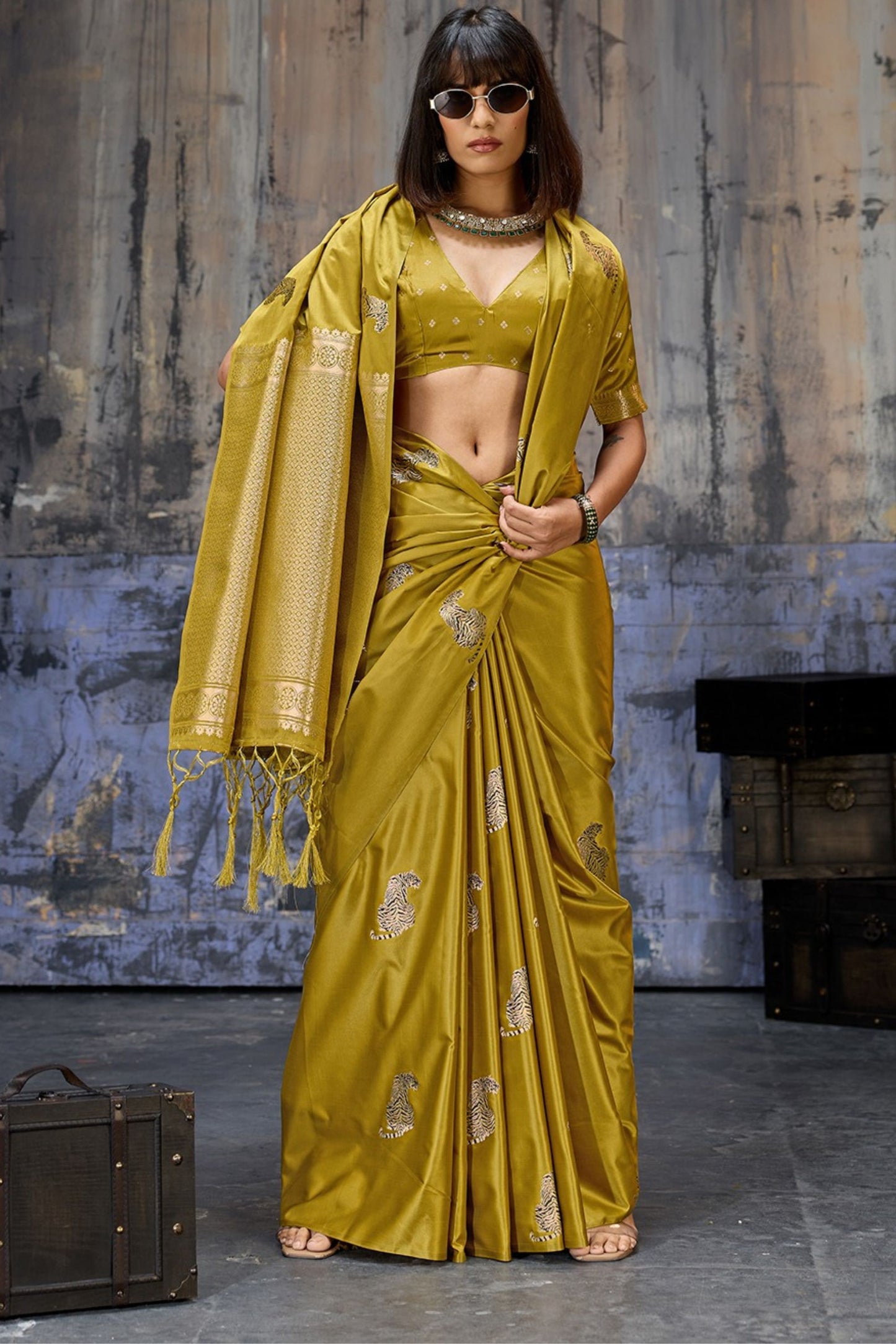 Premium Mustard Gold Banarasi Silk Saree Rich Zari Woven Border