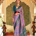 Lavender and Teal Printed Linen Silk Saree Designer Border