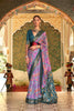Lavender and Teal Printed Linen Silk Saree Designer Border