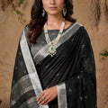 Black Cotton Linen Saree with Silver Zari Border Traditional Handloom Saree