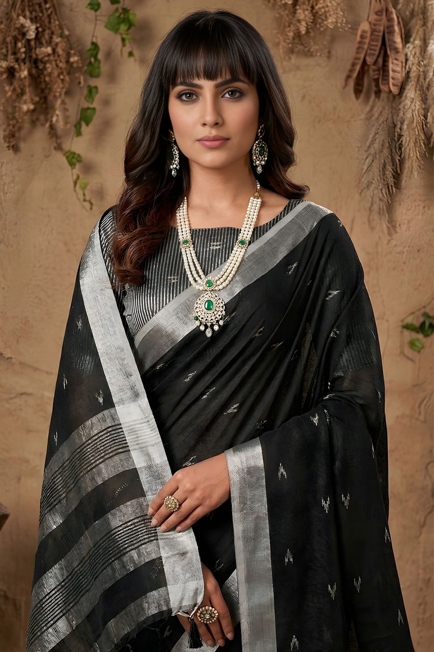 Black Cotton Linen Saree with Silver Zari Border Traditional Handloom Saree