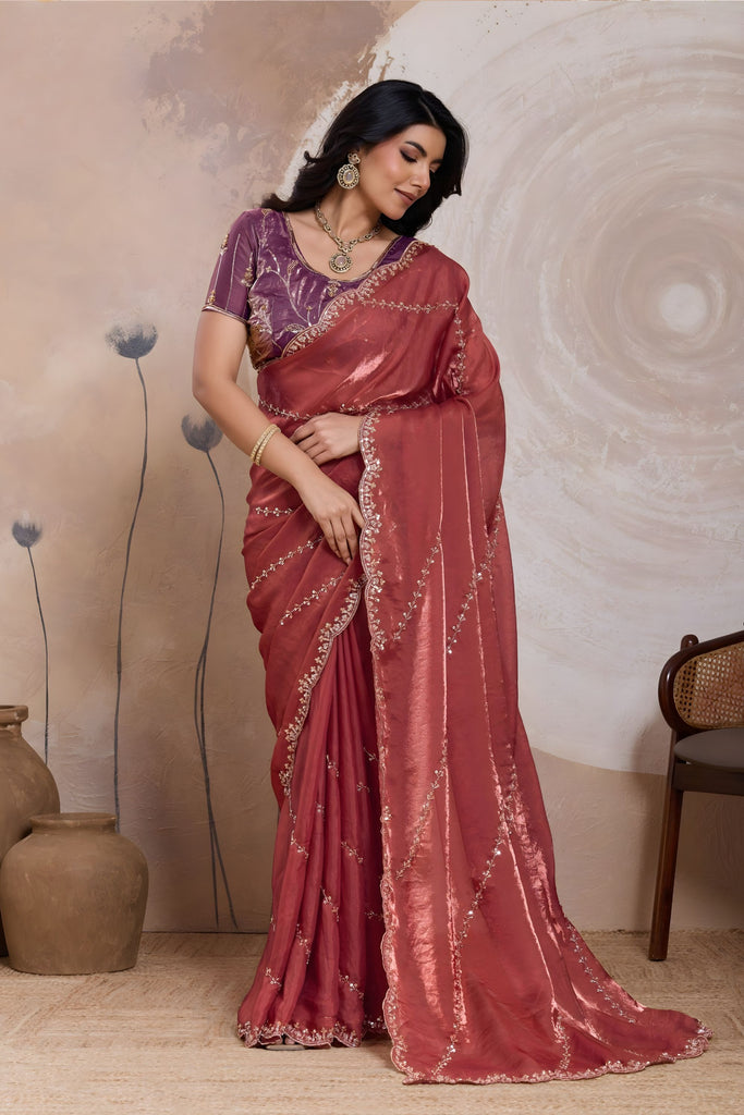 Maroon Silk Saree Golden Zari Embroidery Border Matching Blouse 