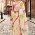 Cream Printed Saree Pink Border Multicolor Casual Wear Saree