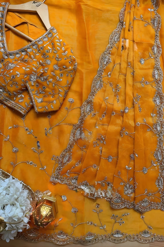 Royal Orange Heavy Embroidered Designer Saree Party Wear