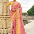 Pink Yellow Embroidered Organza Silk Saree Designer Floral Border