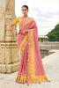 Pink Yellow Embroidered Organza Silk Saree Designer Floral Border