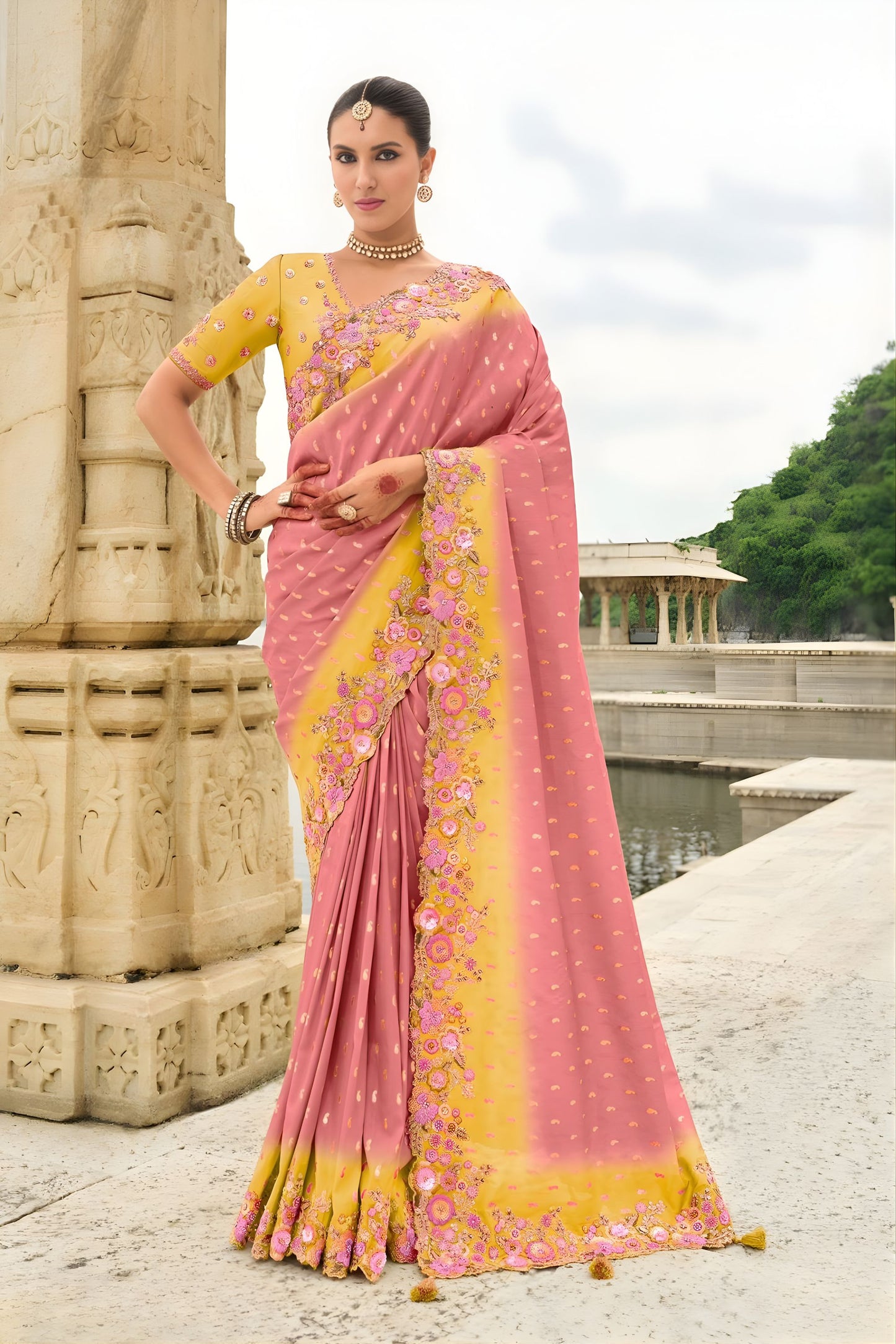 Pink Yellow Embroidered Organza Silk Saree Designer Floral Border
