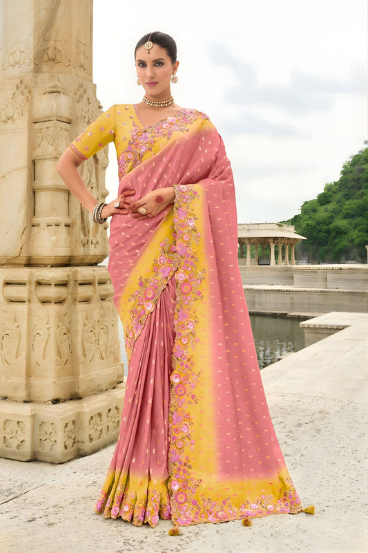 Pink Yellow Embroidered Organza Silk Saree Designer Floral Border