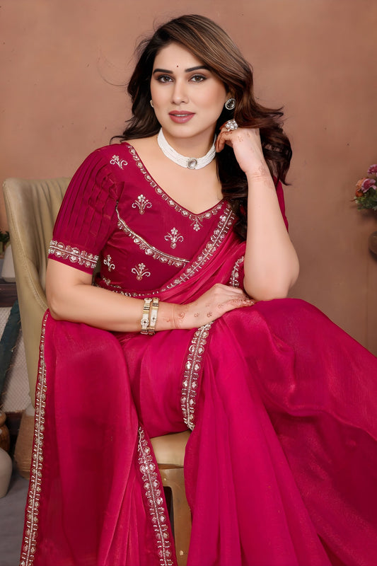 Pink Silk Blend Saree with Embroidered Border Designer Blouse