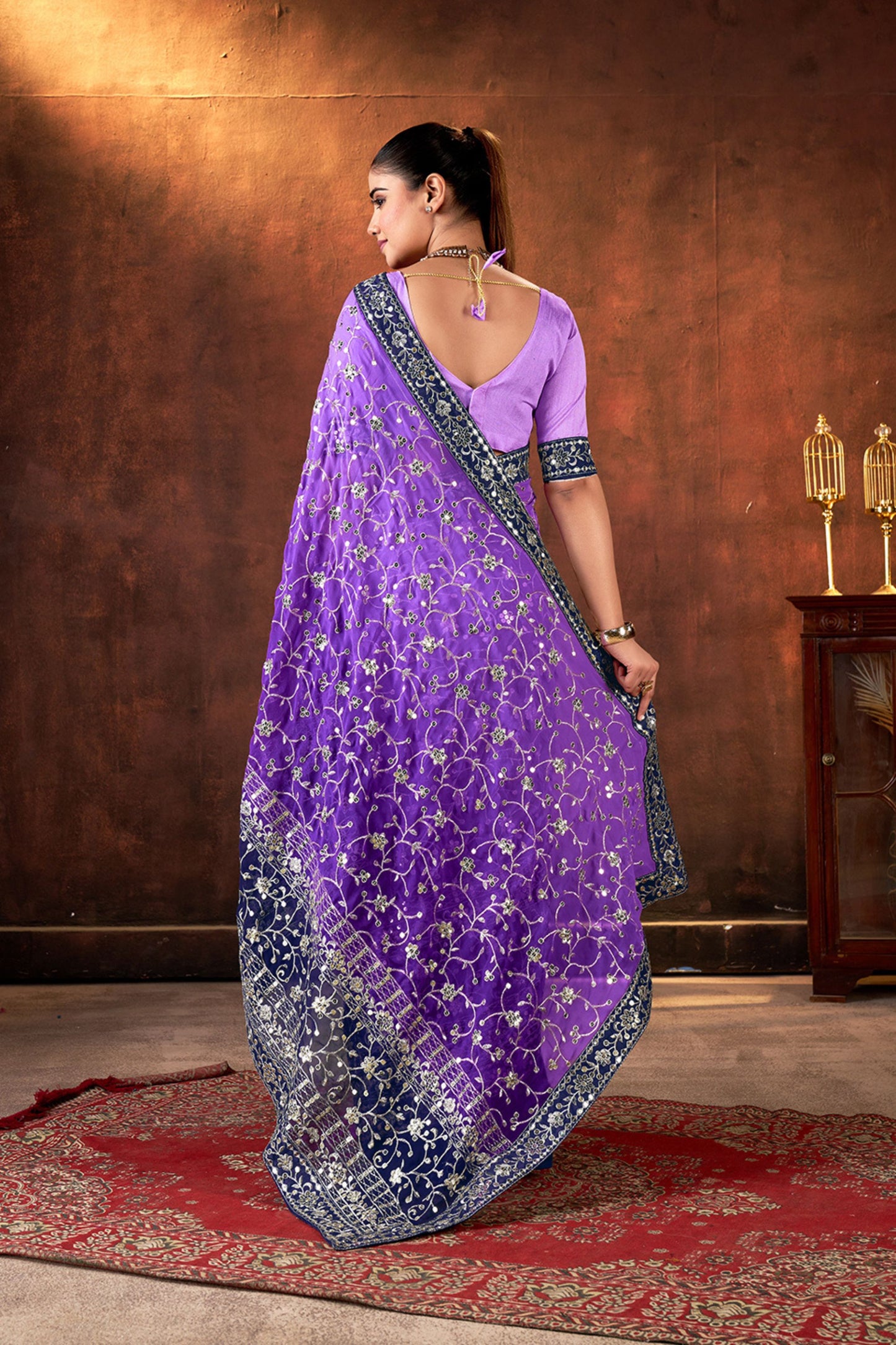 Purple Navy Blue Embroidered Silk Saree with Silver Zari