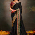 Black Designer Saree with Embroidered Border Contrast Blouse