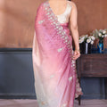 Pink and Aqua Blue Embroidered Organza Silk Saree Designer Border