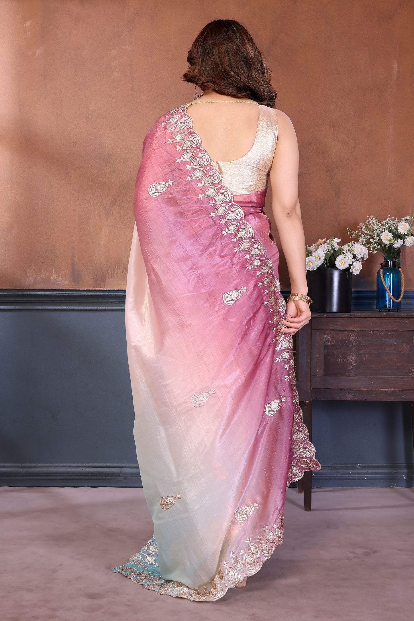 Pink and Aqua Blue Embroidered Organza Silk Saree Designer Border