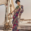 Navy Blue Floral Printed Silk Saree with Elegant Designer Border 