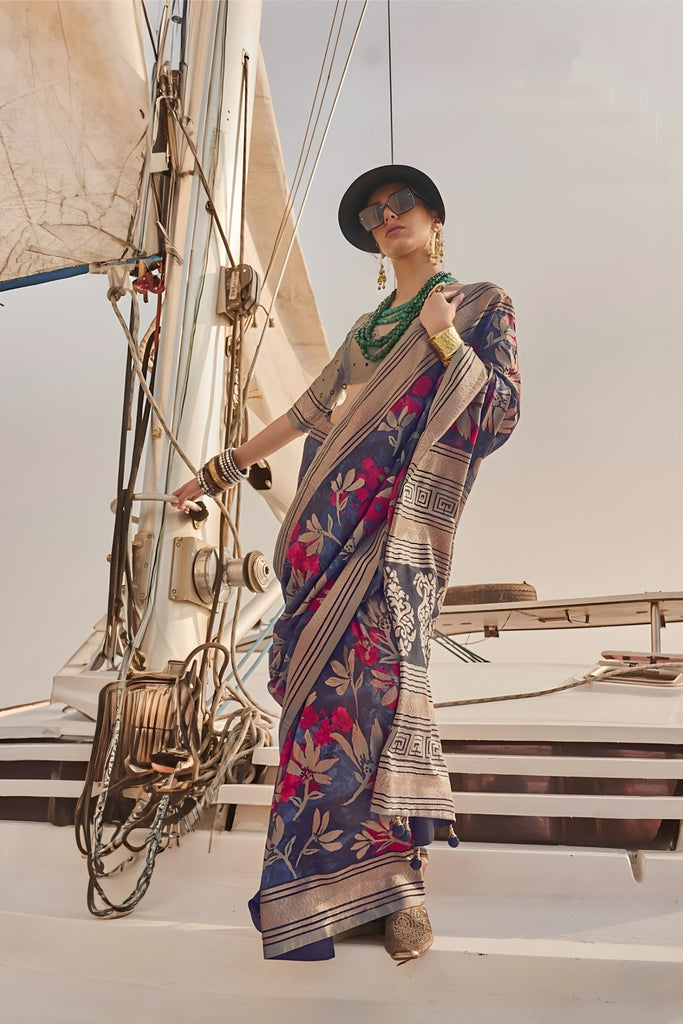 Navy Blue Floral Printed Silk Saree with Elegant Designer Border 