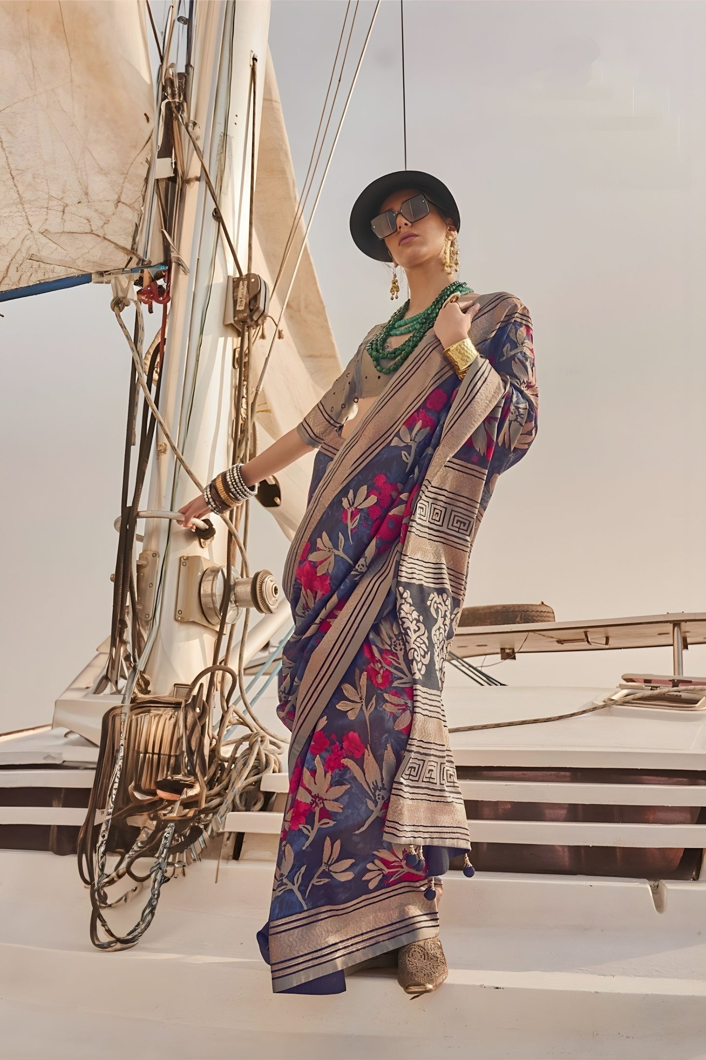 Navy Blue Floral Printed Silk Saree with Elegant Designer Border 