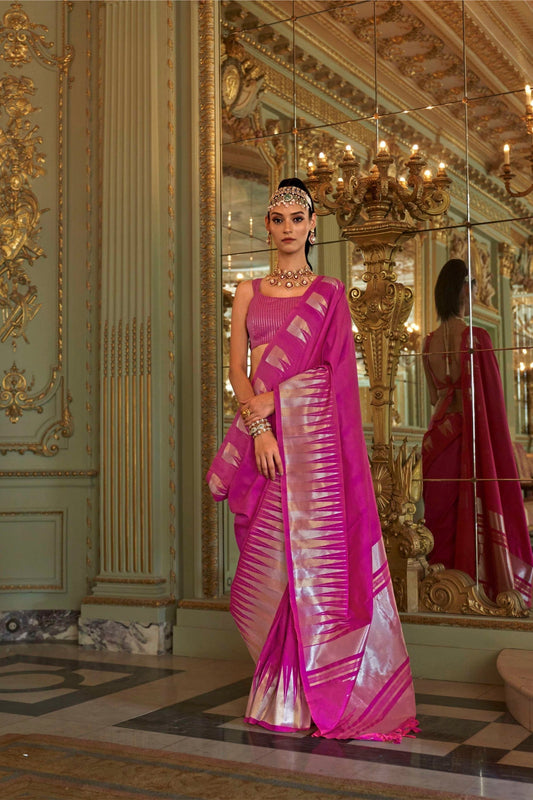  Pink Silk Saree with Metallic Silver Zari Work Festive Wear Saree 
