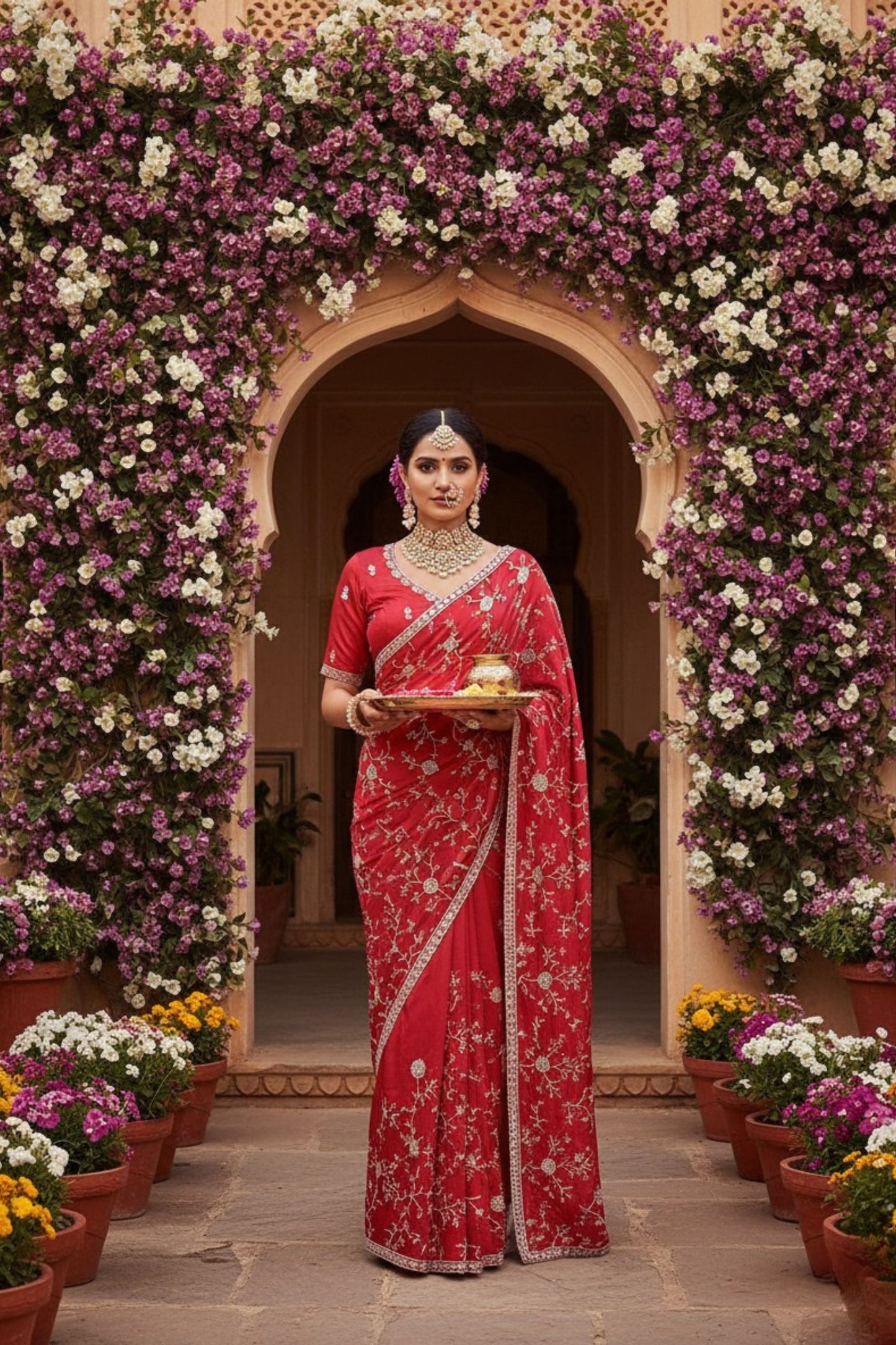 
Elegant Red Saree with Designer Blouse  Piece Festive Wear
