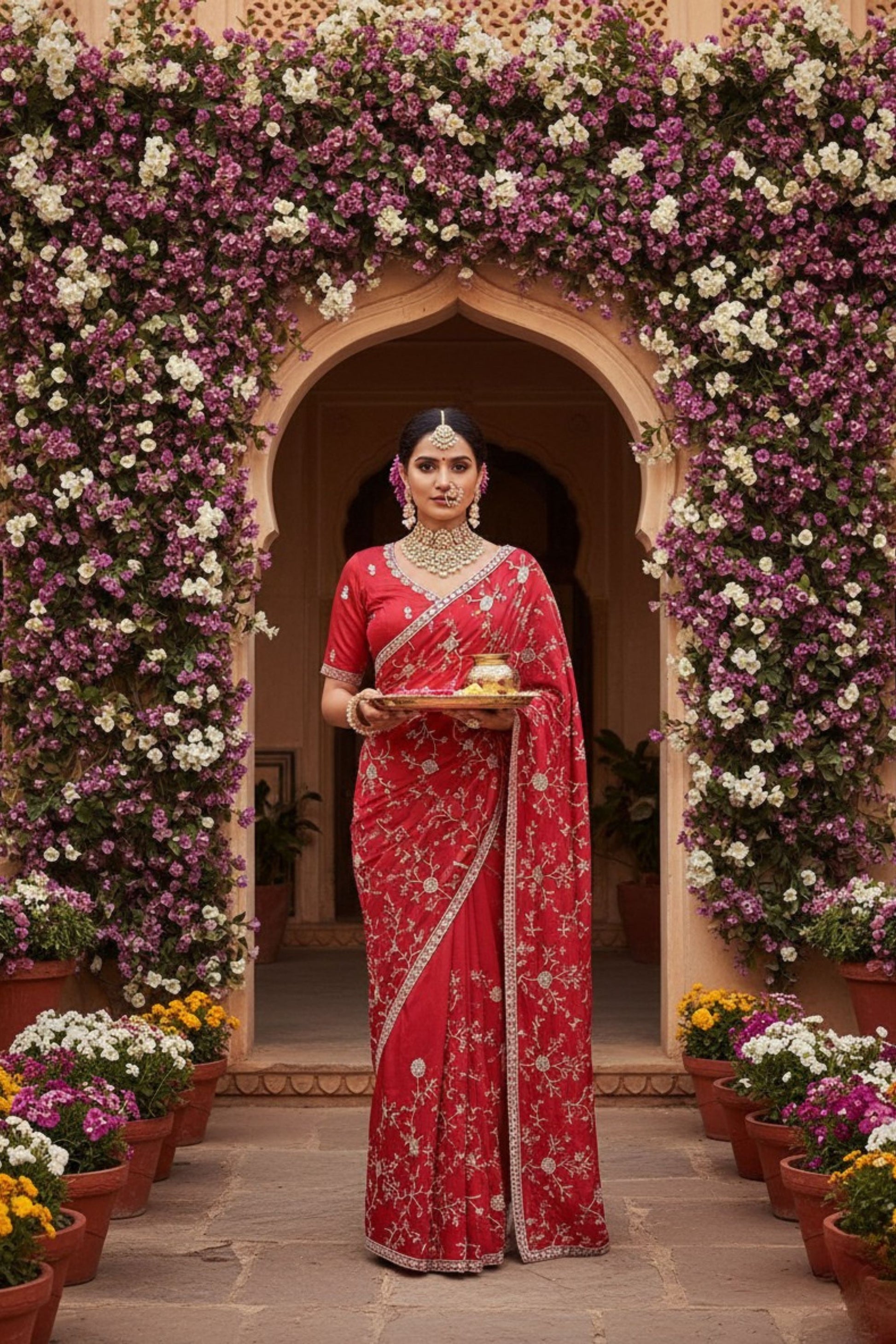 
Elegant Red Saree with Designer Blouse  Piece Festive Wear
