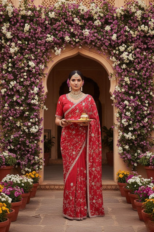 
Elegant Red Saree with Designer Blouse  Piece Festive Wear
