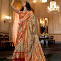 Light Gold Banarasi Silk Saree Red Border Zari Weaving Traditional Saree