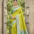 Lime Green Banarasi Silk Saree Sky Blue Zari Border Traditional Saree