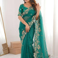 Bottle Green Organza Saree Heavy Floral Zari Embroidery Designer Blouse