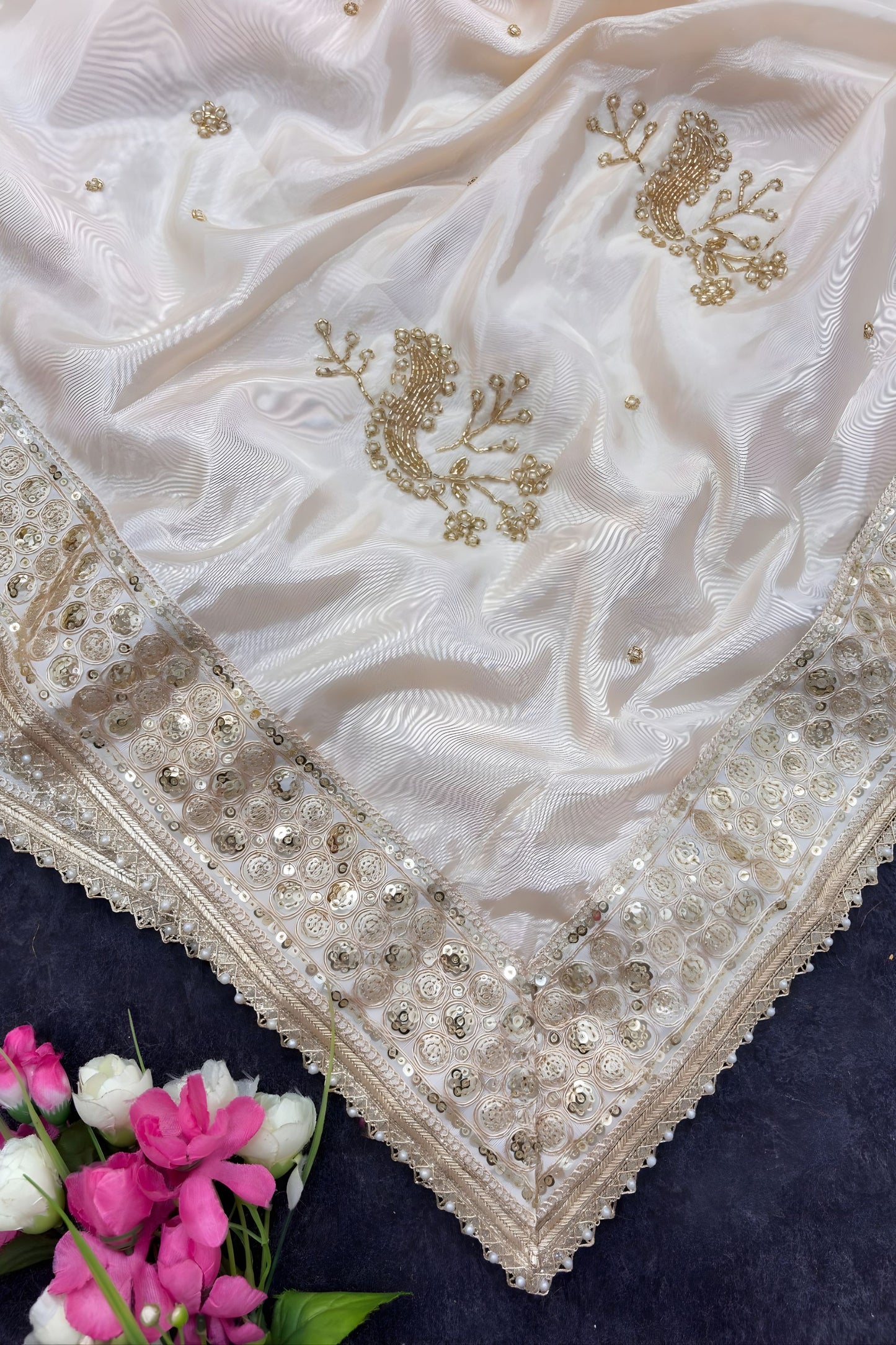 Off White Organza Silk Saree Heavy Golden Embroidered Border Sequins Work