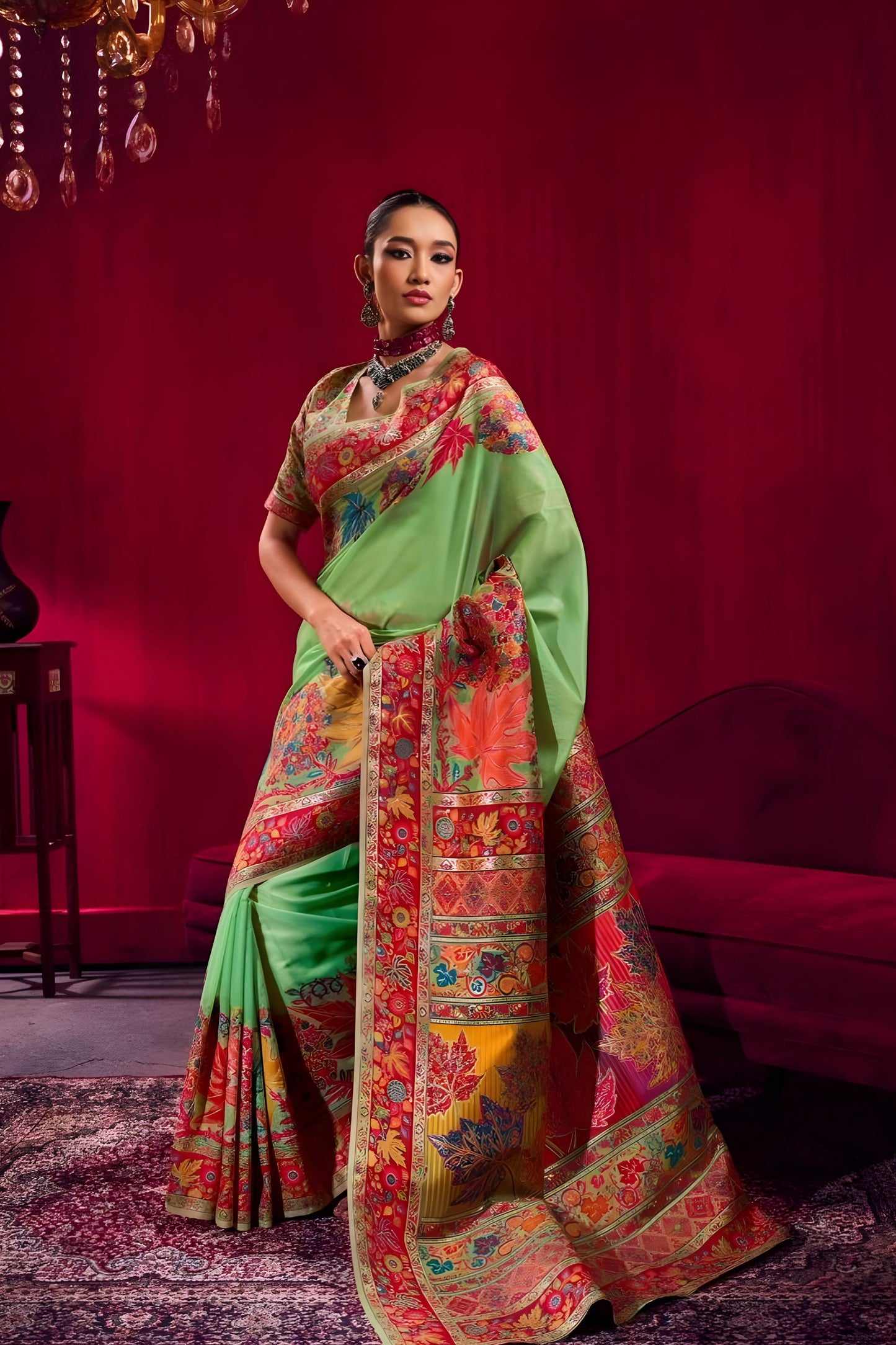 Mint Green Silk Saree Red Floral Designer Border Traditional Saree