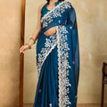 Teal Blue Embroidered Georgette Saree Heavy Floral Border Designer Blouse