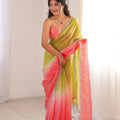 Beautiful Lime Green Coral Pink Ombre Organza Saree Embroidered Border