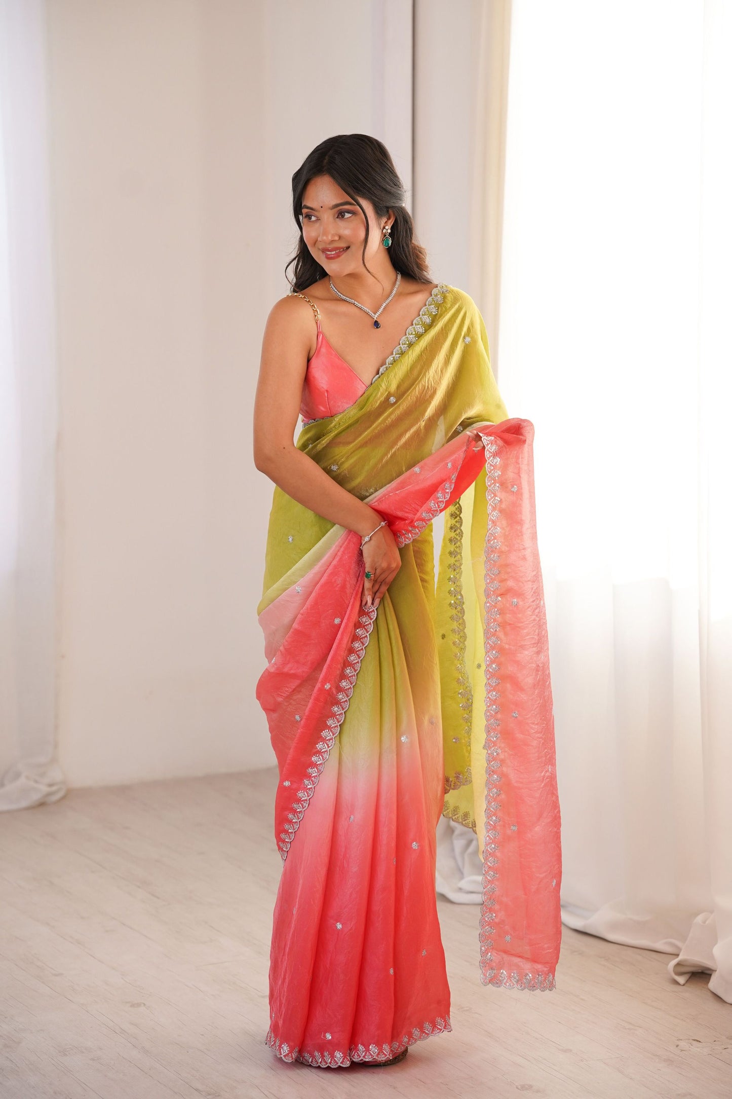 Beautiful Lime Green Coral Pink Ombre Organza Saree Embroidered Border