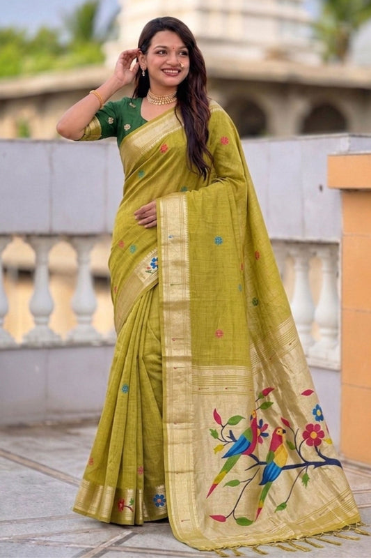Olive Green Tussar Silk Saree Multicolor Floral Motif Designer Pallu