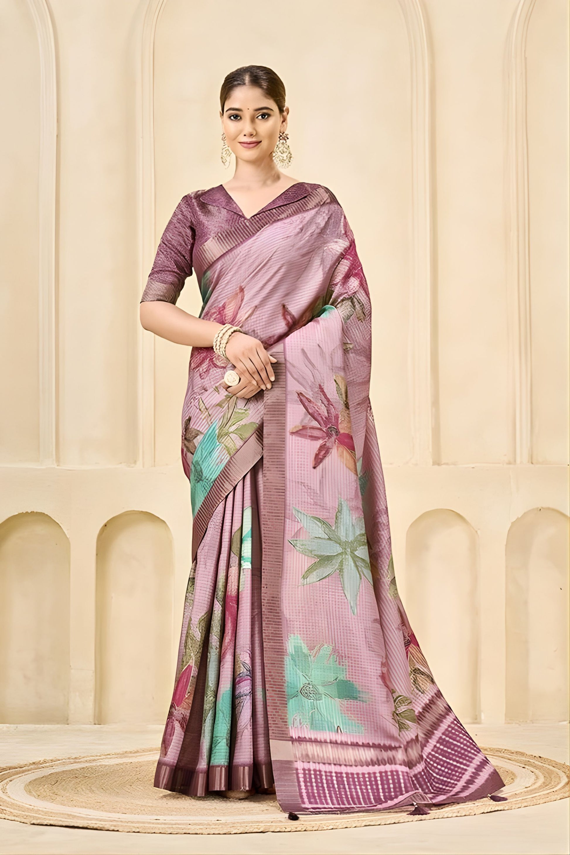 Stylish Mauve Floral Printed Linen Cotton Saree