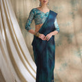 Teal Blue Satin Saree with Printed Designer Blouse Festive Wear