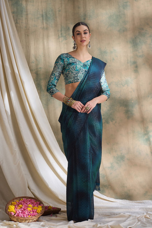 Teal Blue Satin Saree with Printed Designer Blouse Festive Wear