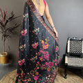 Premium Black Satin Silk Saree Multicolor Floral Print Designer Border