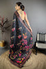 Premium Black Satin Silk Saree Multicolor Floral Print Designer Border