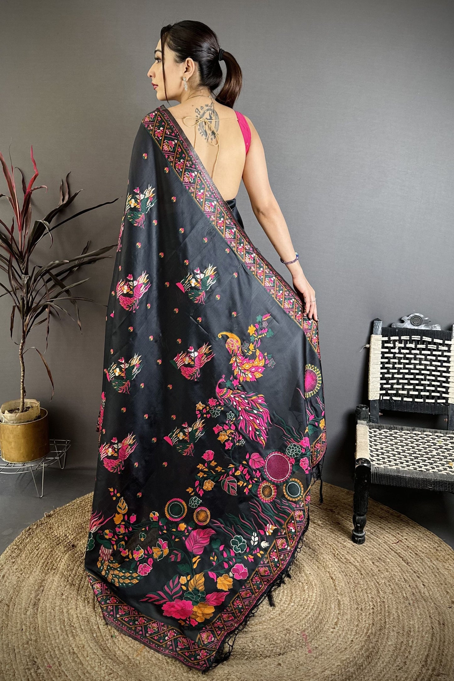 Premium Black Satin Silk Saree Multicolor Floral Print Designer Border