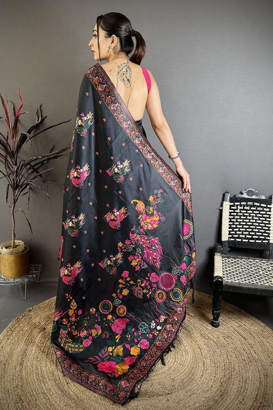 Premium Black Satin Silk Saree Multicolor Floral Print Designer Border