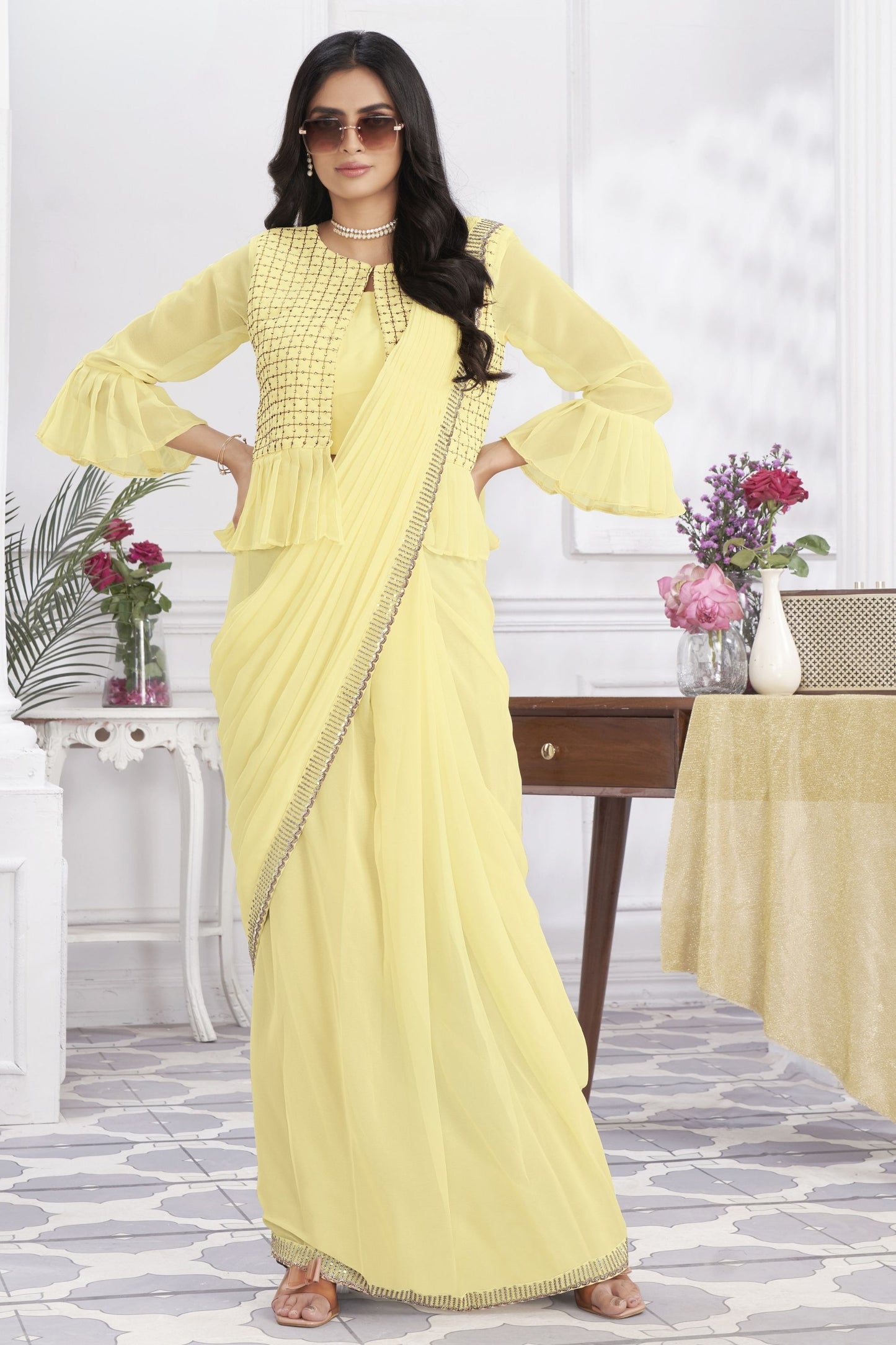 Lemon Yellow Ready-to-Wear Saree Designer Pleated Pallu Embellished Blouse