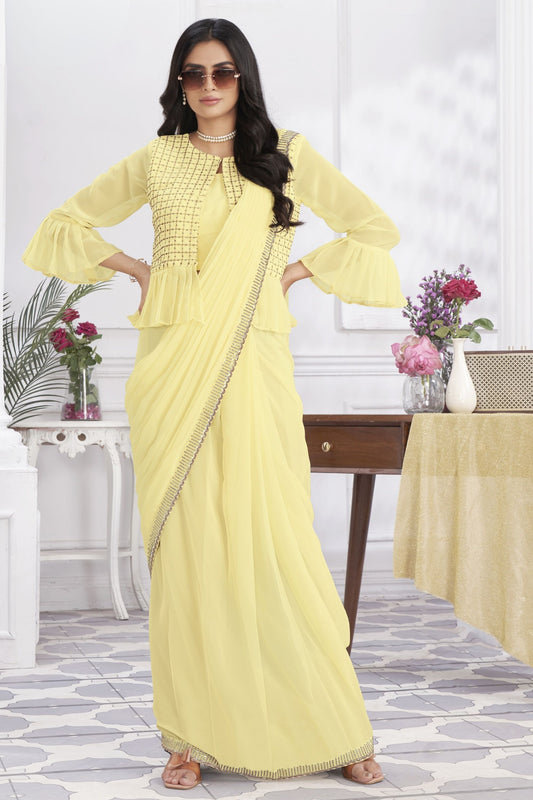 Lemon Yellow Ready-to-Wear Saree Designer Pleated Pallu Embellished Blouse