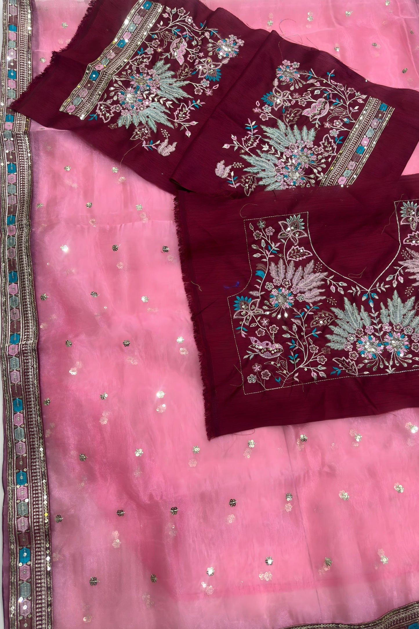 Pink Organza Saree with Embroidered Border Designer Blouse