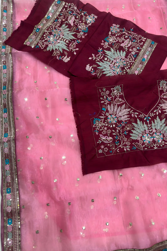 Pink Organza Saree with Embroidered Border Designer Blouse
