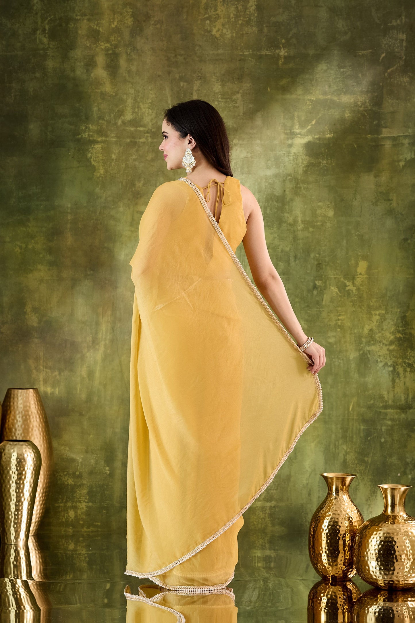 Yellow Georgette Ready To Wear Saree with Designer Lace Border
