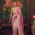Pink Silk Saree with Heavy Border Contrast Green Designer Blouse