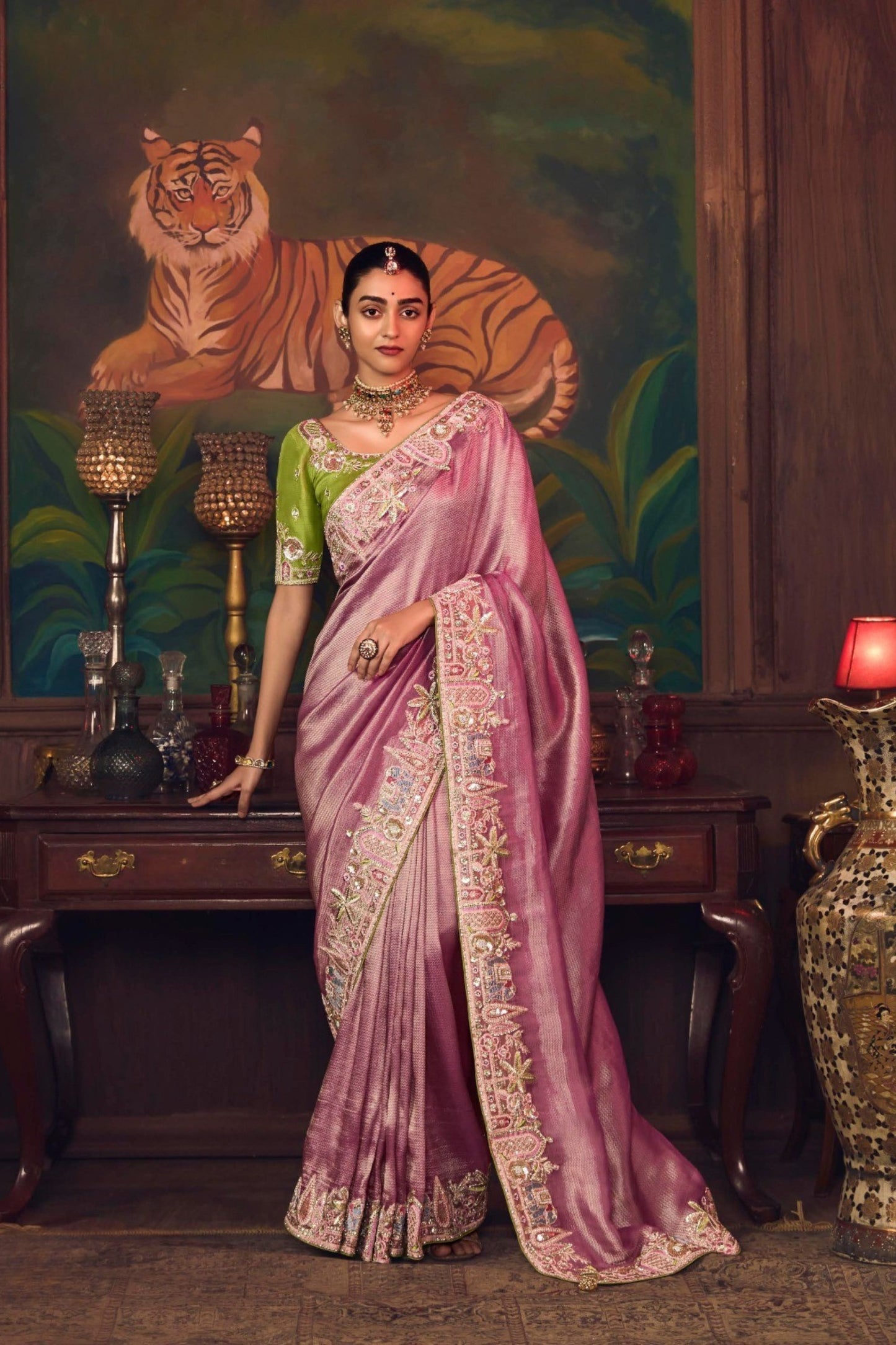Pink Silk Saree with Heavy Border Contrast Green Designer Blouse