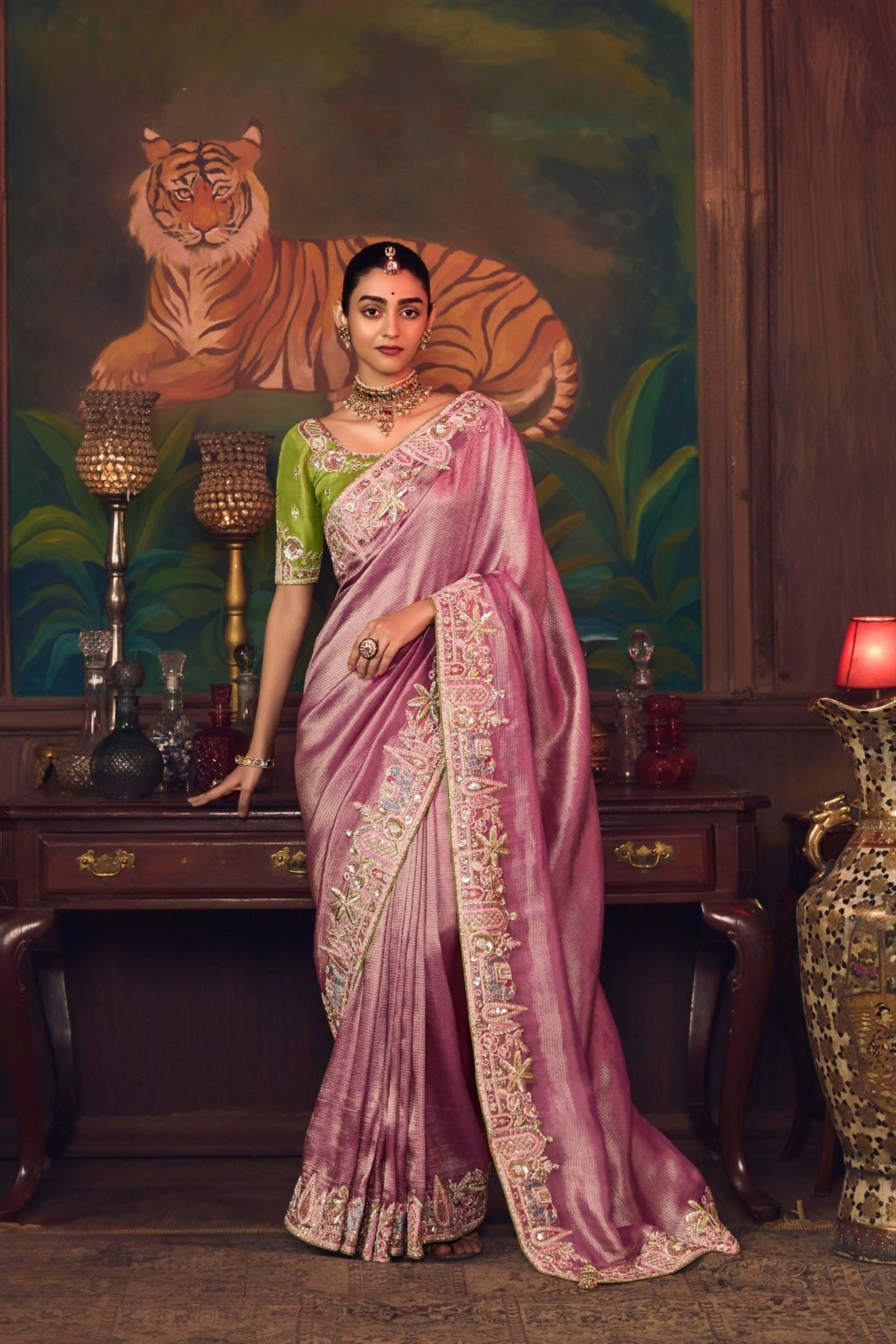 Pink Silk Saree with Heavy Border Contrast Green Designer Blouse